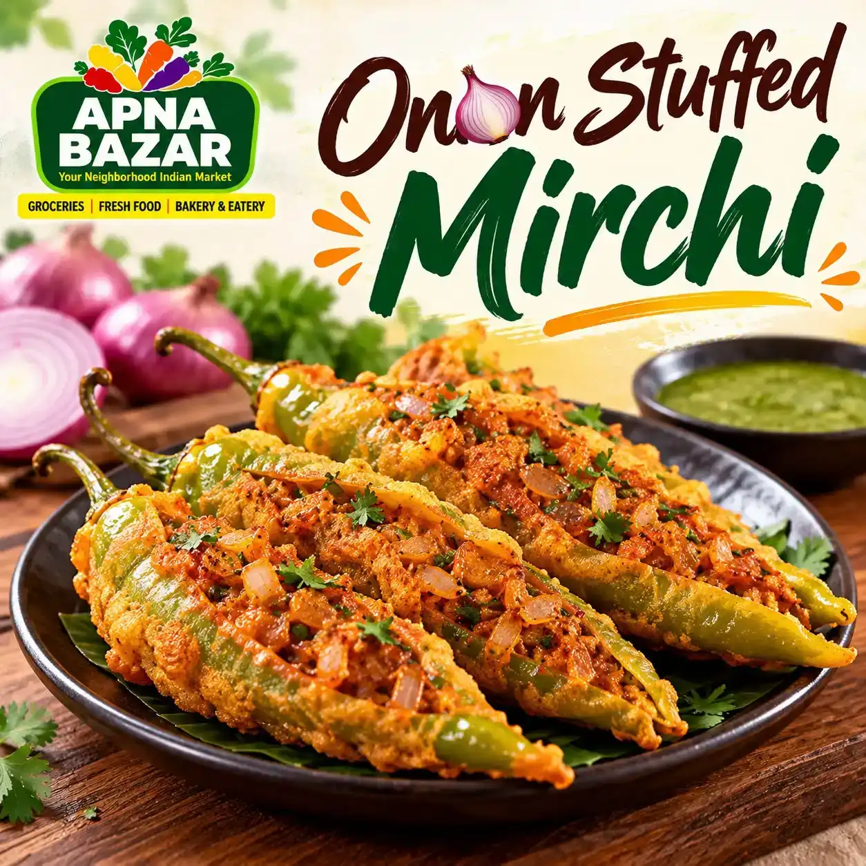 Onion Stuffed Mirchi — Experience a burst of flavor with our Onion Stuffed Mirchi at Apna Bazar - Eatery